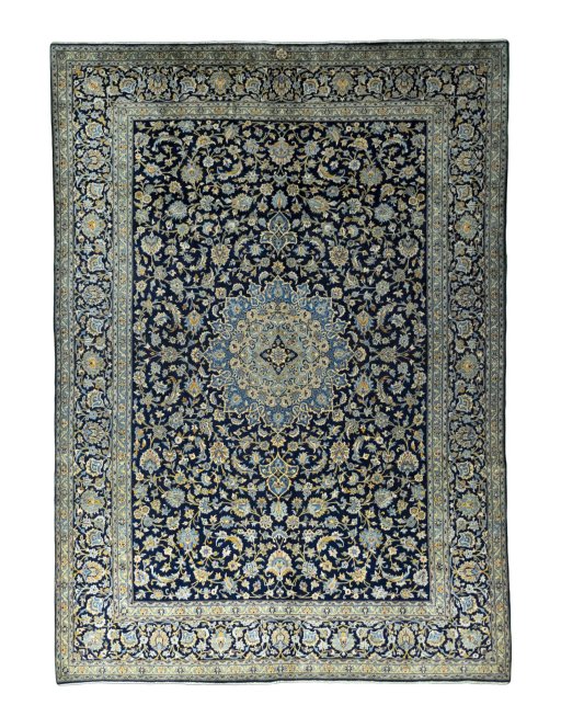 Full view of 2000s Kashan rug from Iran / Persia, 400 × 281 cm in Blue tones