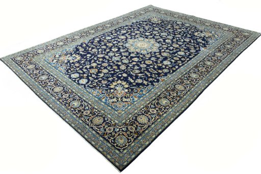 Corner detail of 2000s Kashan rug showing border pattern and Wool pile