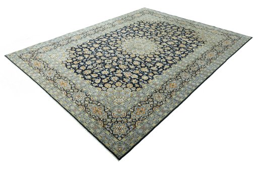 Corner detail of 2000s Kashan rug showing border pattern and Wool pile