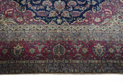Full view of 1930s Kashan rug from Iran / Persia, 410 × 318 cm in Blue tones