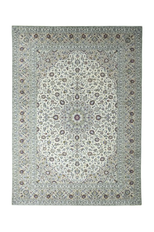 Full view of 2000s Kashan rug from Iran / Persia, 400 × 290 cm in Beige tones