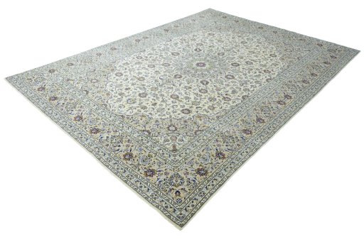 Corner detail of 2000s Kashan rug showing border pattern and Wool pile
