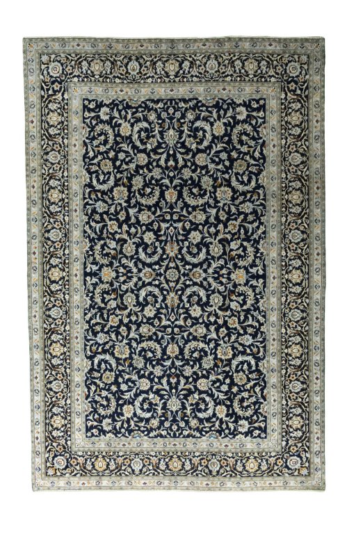 Full view of 2000s Kashan rug from Iran / Persia, 345 × 229 cm in Blue tones