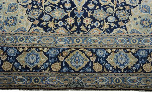 Full view of 2000s Kashan rug from Iran / Persia, 395 × 285 cm in Blue tones