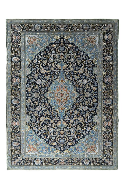 Full view of 2000s Kashan rug from Iran / Persia, 401 × 301 cm in Blue tones