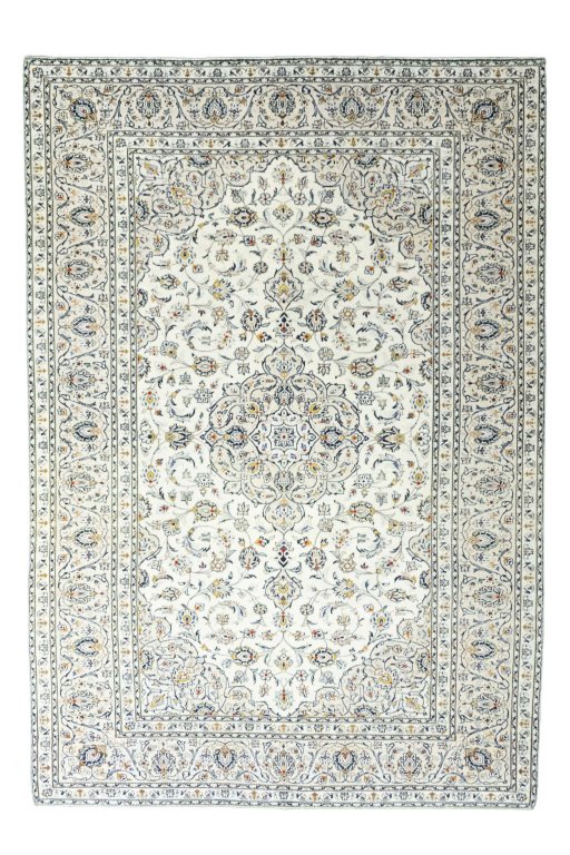 Full view of 2000s Kashan rug from Iran / Persia, 301 × 208 cm in Beige tones