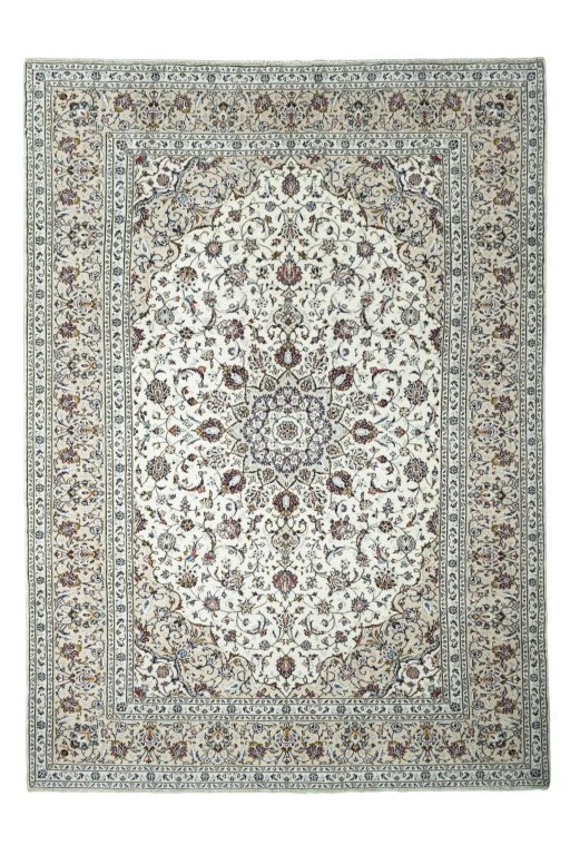 Full view of 2000s Kashan rug from Iran / Persia, 342 × 246 cm in Beige tones