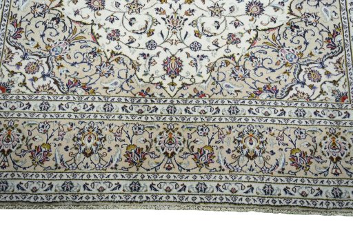 Full view of 2000s Kashan rug from Iran / Persia, 342 × 246 cm in Beige tones