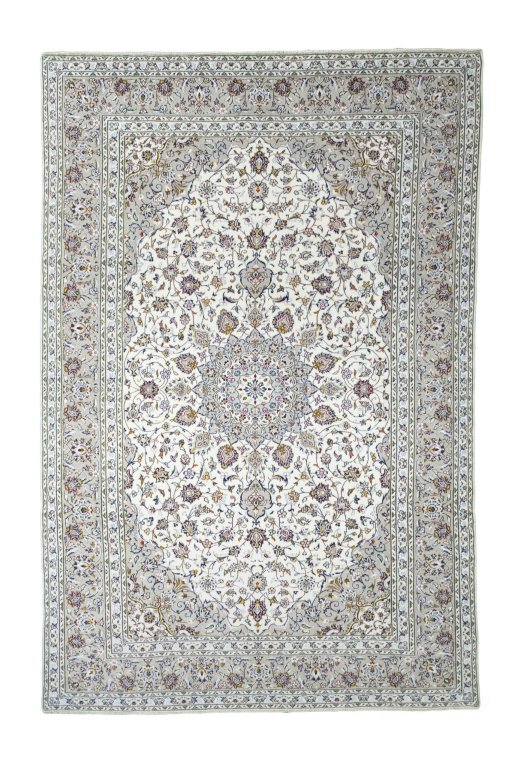 Full view of 2000s Kashan rug from Iran / Persia, 367 × 244 cm in Beige tones