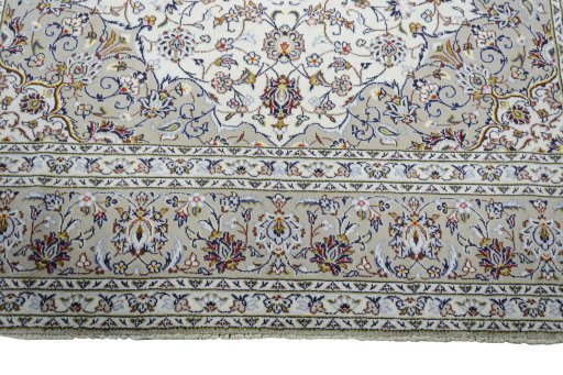 Full view of 2000s Kashan rug from Iran / Persia, 367 × 244 cm in Beige tones