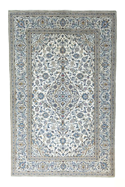 Full view of 2000s Kashan rug from Iran / Persia, 307 × 196 cm in Beige tones