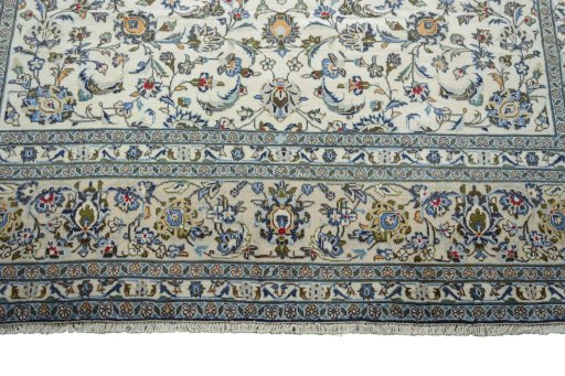 Full view of 2000s Kashan rug from Iran / Persia, 355 × 242 cm in Beige tones