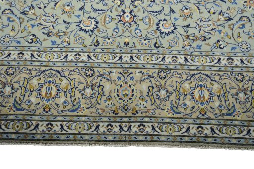 Full view of 2000s Kashan rug from Iran / Persia, 396 × 305 cm in Green tones