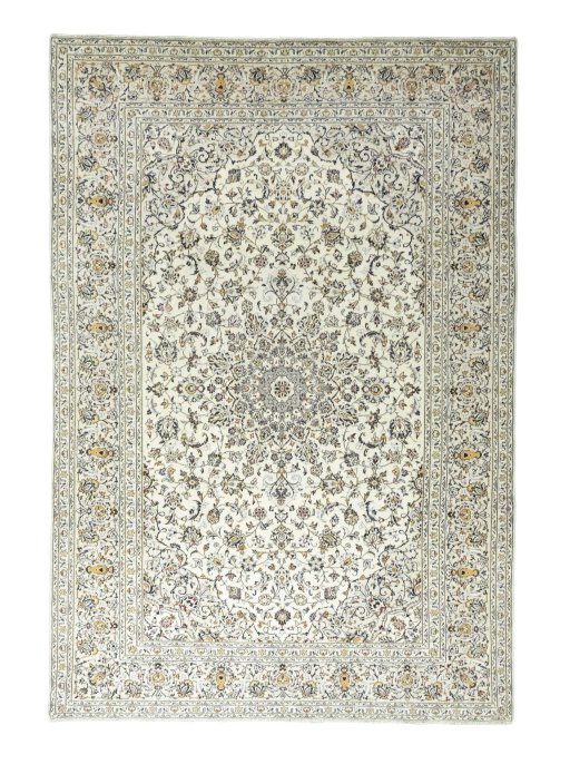 Full view of 2000s Kashan rug from Iran / Persia, 360 × 237 cm in Beige tones