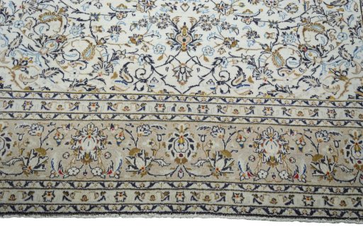 Full view of 2000s Kashan rug from Iran / Persia, 337 × 235 cm in Beige tones