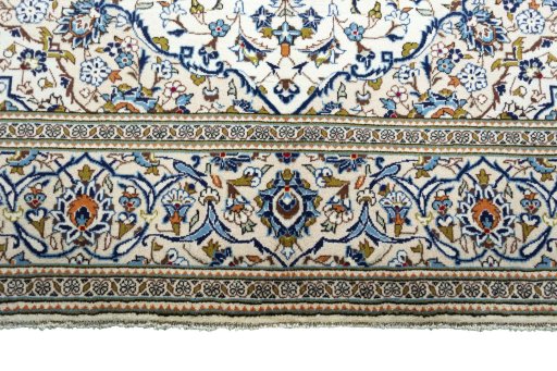 Full view of 2000s Kashan rug from Iran / Persia, 298 × 200 cm in Beige tones