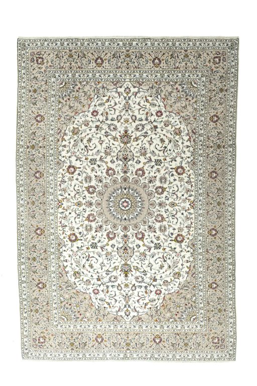 Full view of New Kashan rug from Iran / Persia, 361 × 243 cm in Beige tones