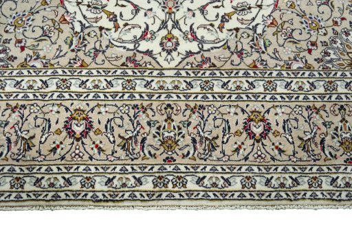 Full view of New Kashan rug from Iran / Persia, 361 × 243 cm in Beige tones