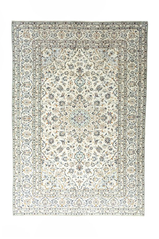 Full view of 2000s Kashan rug from Iran / Persia, 351 × 243 cm in Beige tones