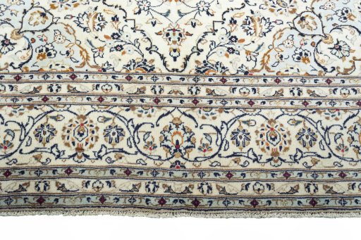 Full view of 2000s Kashan rug from Iran / Persia, 351 × 243 cm in Beige tones