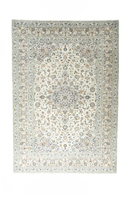 Full view of New Kashan rug from Iran / Persia, 350 × 246 cm in Beige tones