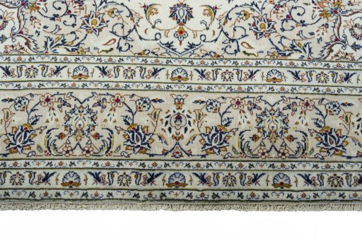 Full view of New Kashan rug from Iran / Persia, 350 × 246 cm in Beige tones