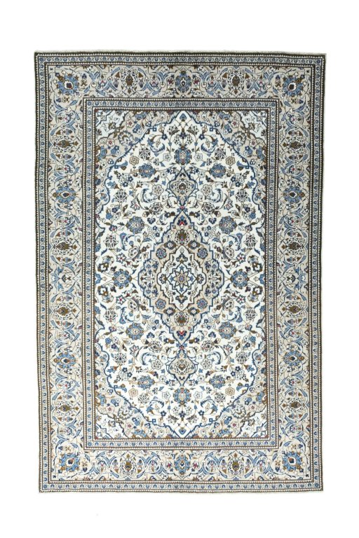 Full view of 2000s Kashan rug from Iran / Persia, 301 × 196 cm in Beige tones