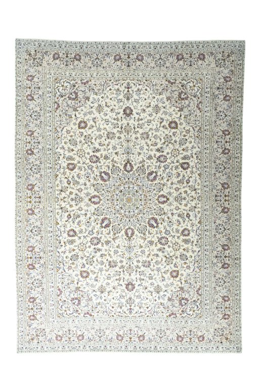 Full view of 2000s Kashan rug from Iran / Persia, 402 × 294 cm in Beige tones