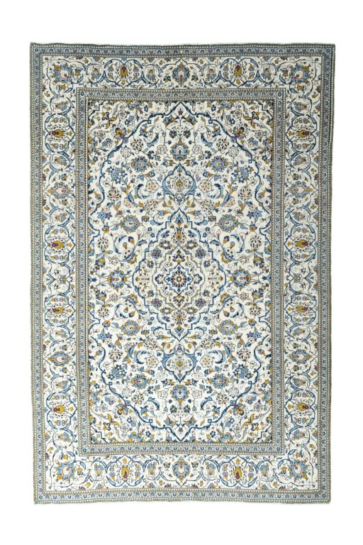Full view of 2000s Kashan rug from Iran / Persia, 302 × 200 cm in Beige tones