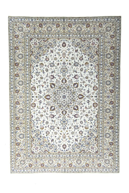 Full view of 2000s Kashan rug from Iran / Persia, 350 × 249 cm in Beige tones