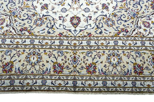 Full view of 2000s Kashan rug from Iran / Persia, 350 × 249 cm in Beige tones