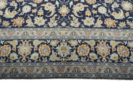 Full view of 2000s Kashan rug from Iran / Persia, 422 × 299 cm in Blue tones