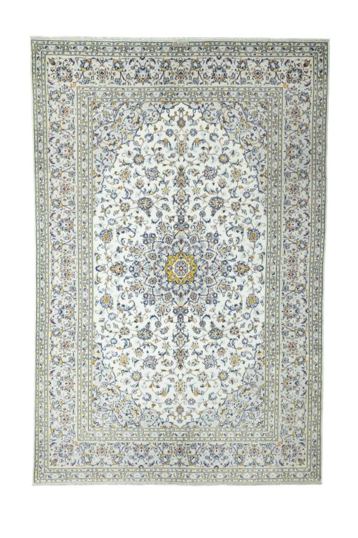 Full view of 2000s Kashan rug from Iran / Persia, 307 × 202 cm in Beige tones