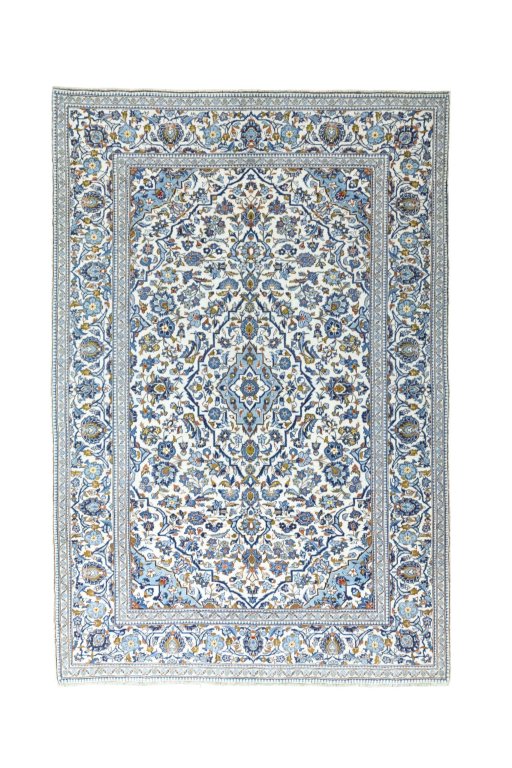 Full view of 2000s Kashan rug from Iran / Persia, 302 × 203 cm in Beige tones