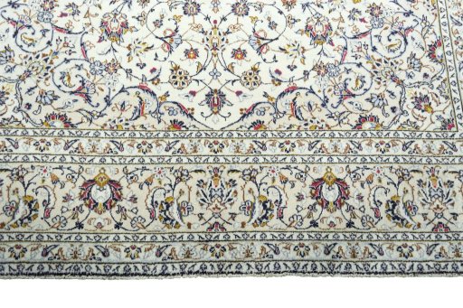 Full view of 2000s Kashan rug from Iran / Persia, 345 × 243 cm in Beige tones