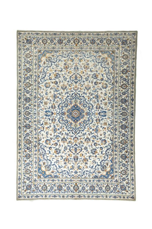 Full view of 2000s Kashan rug from Iran / Persia, 425 × 303 cm in Beige tones