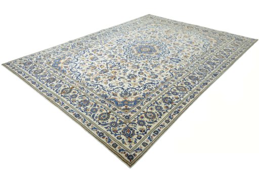 Corner detail of 2000s Kashan rug showing border pattern and Wool pile