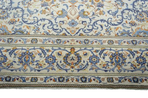 Full view of 2000s Kashan rug from Iran / Persia, 425 × 303 cm in Beige tones