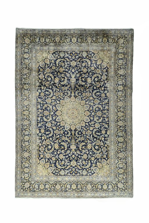 Full view of New Kashan rug from Iran / Persia, 367 × 253 cm in Blue tones