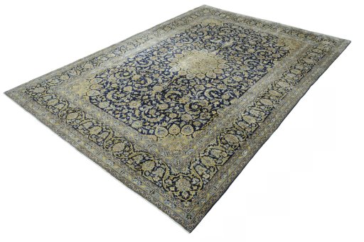 Corner detail of New Kashan rug showing border pattern and Cork pile