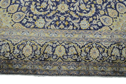 Full view of New Kashan rug from Iran / Persia, 367 × 253 cm in Blue tones