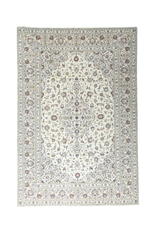 Full view of New Kashan rug from Iran / Persia, 352 × 240 cm in Beige tones