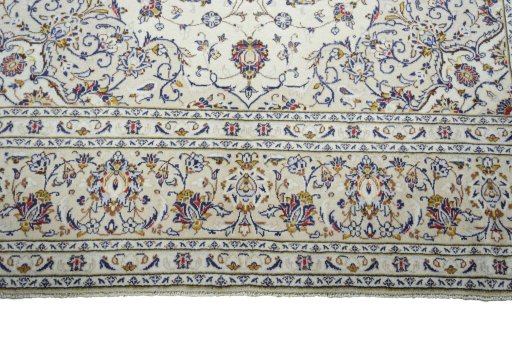 Full view of New Kashan rug from Iran / Persia, 352 × 240 cm in Beige tones