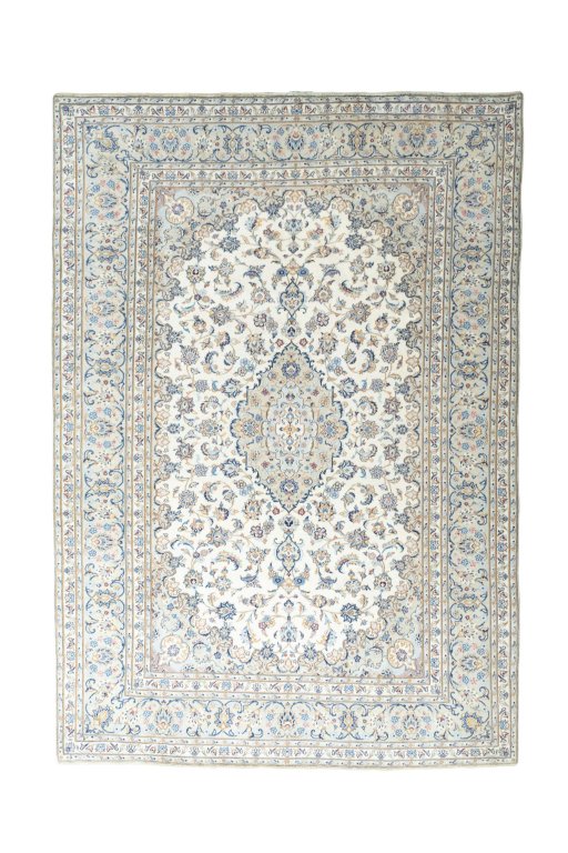 Full view of New Kashan rug from Iran / Persia, 346 × 240 cm in Beige tones