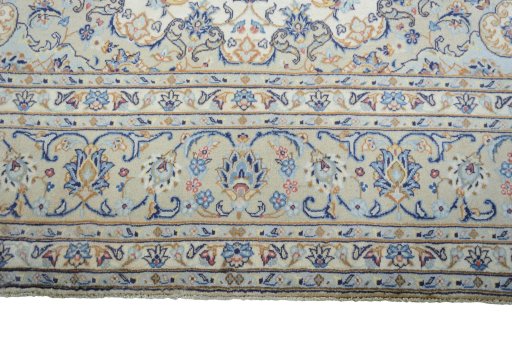 Full view of New Kashan rug from Iran / Persia, 346 × 240 cm in Beige tones