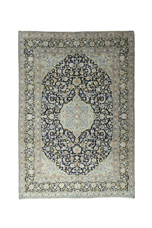 Full view of 2000s Kashan rug from Iran / Persia, 422 × 296 cm in Blue tones