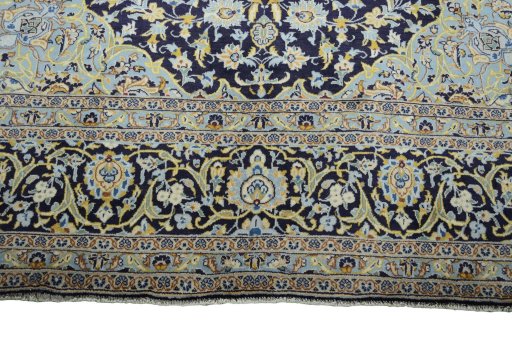 Full view of 2000s Kashan rug from Iran / Persia, 422 × 296 cm in Blue tones