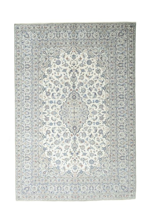 Full view of New Kashan rug from Iran / Persia, 356 × 243 cm in Beige tones