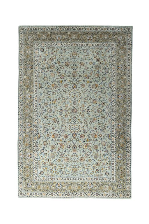Full view of 2000s Kashan rug from Iran / Persia, 398 × 266 cm in Green tones