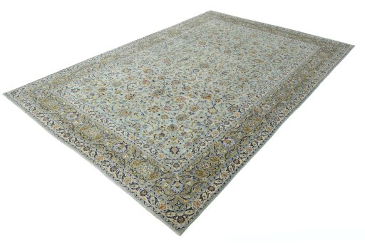Corner detail of 2000s Kashan rug showing border pattern and Wool pile
